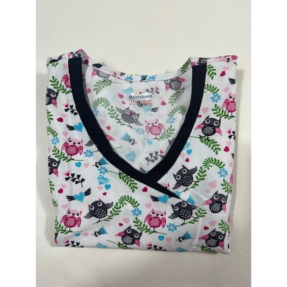 Scrubaid Scrub Top Women's white, hearts, birds and leaves Size M, V neck. - Picture 8 of 8